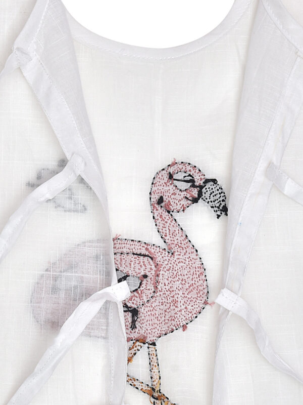 White Hand Embroidered Flamingo Design Back Open Cotton Jabla - Image 3