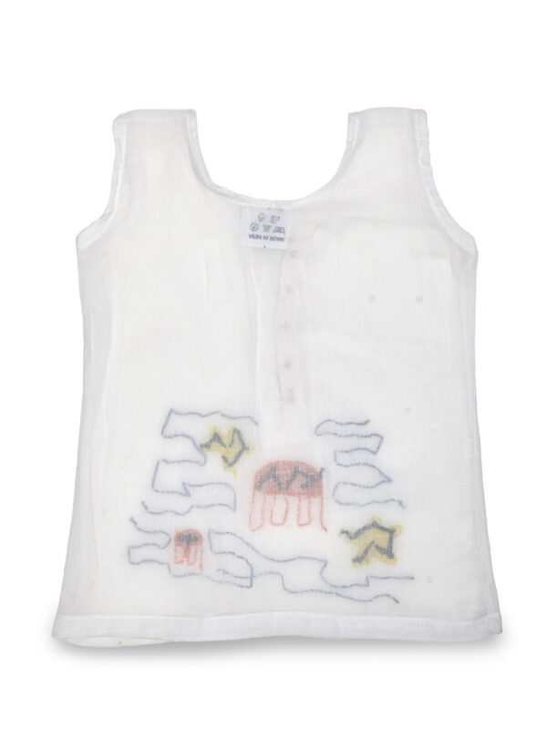 White Hand Embroidered Sea Creatures Design Semi Front Open Mulmul Jabla - Image 2