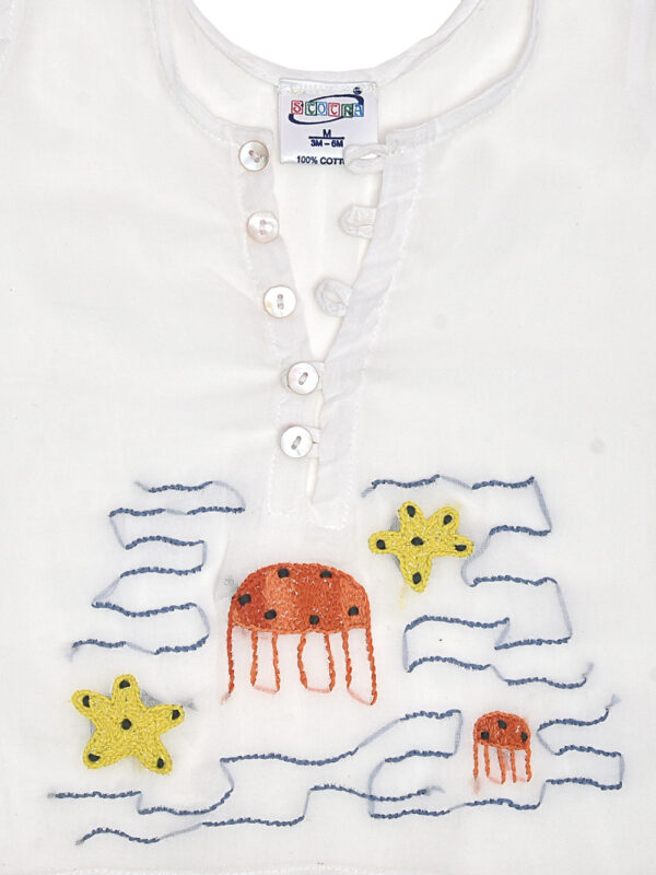 White Hand Embroidered Sea Creatures Design Semi Front Open Mulmul Jabla - Image 3