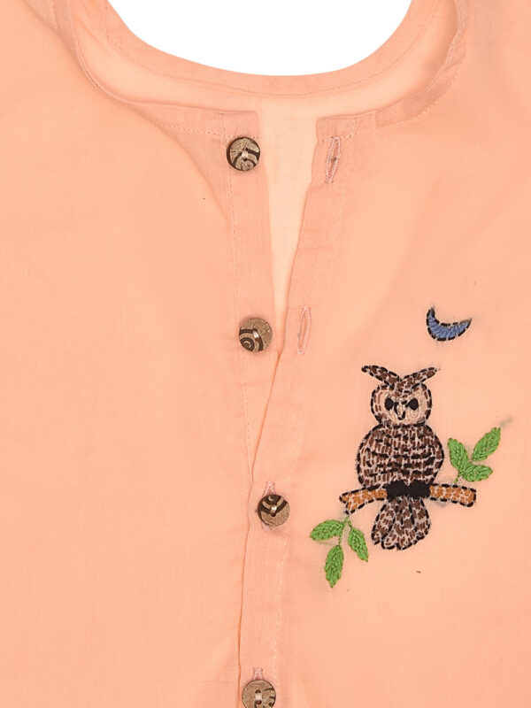 Peach Hand Embroidered Night Owl Design Front Open Cotton Jabla - Image 3