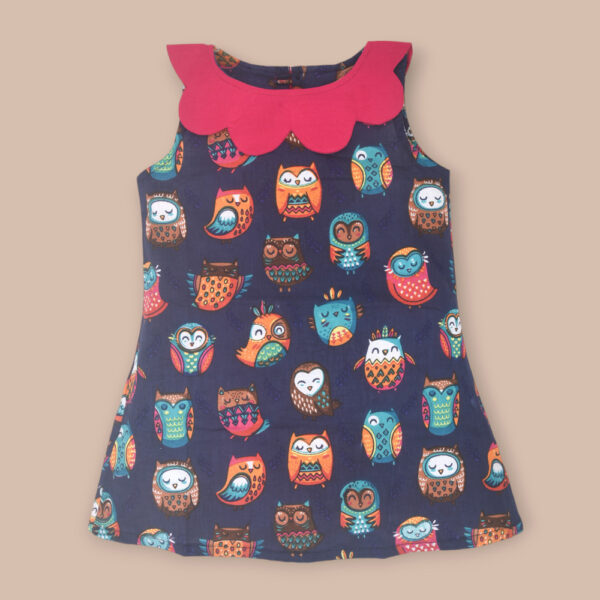 Navy Blue Owl Design Printed Cotton Dress