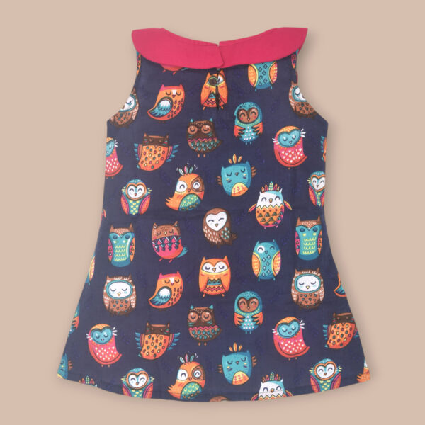 Navy Blue Owl Design Printed Cotton Dress - Image 2