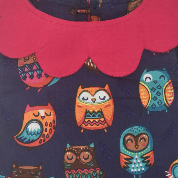 Navy Blue Owl Design Printed Cotton Dress - Image 3