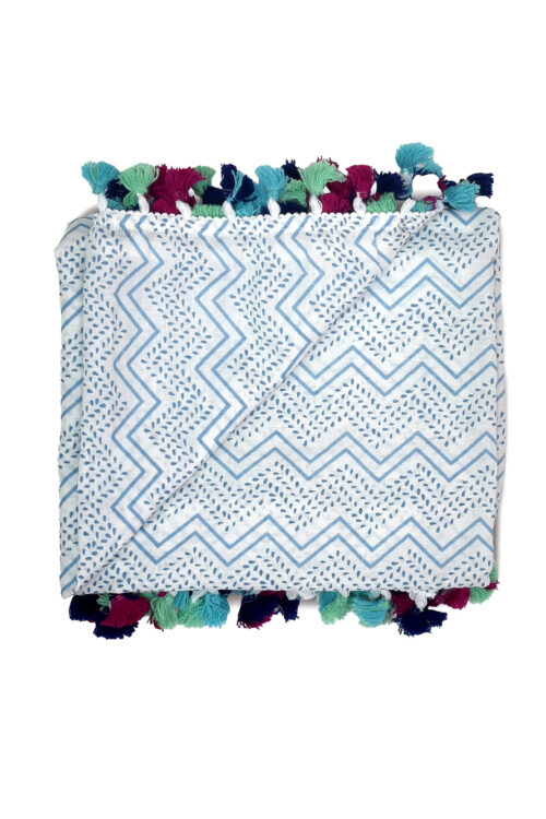 Blue White Wave Design Cotton Swaddle with Pompom Border