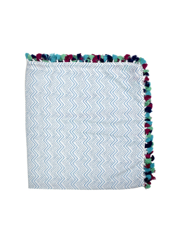Blue White Wave Design Cotton Swaddle with Pompom Border - Image 2