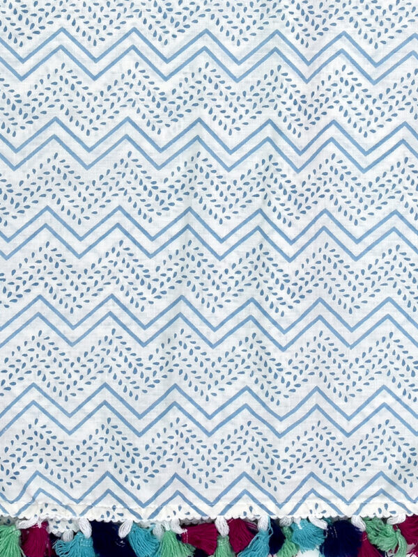 Blue White Wave Design Cotton Swaddle with Pompom Border - Image 5