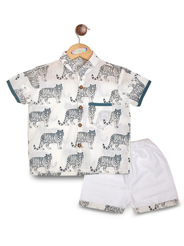 White Tiger Design Hand block Cotton Shirt & Pant Set