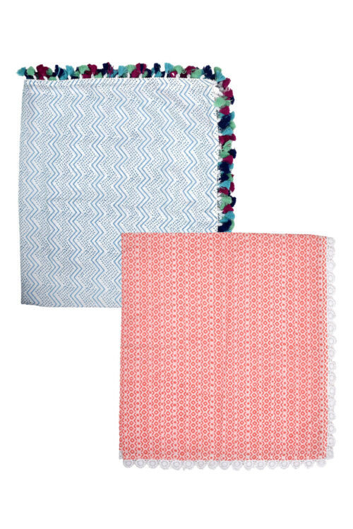 Pink Lace and Blue Wave with Pompom Cotton Swaddle Combo-Set of 2(0-24 Months)