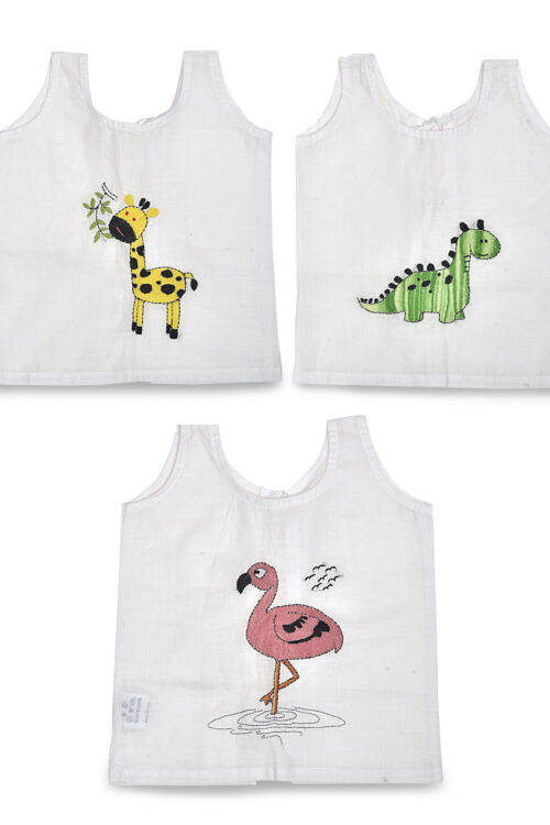 White Back Open Cotton Jabla (Dinosaur, Giraffe and Flamingo Design)-Pack of 3