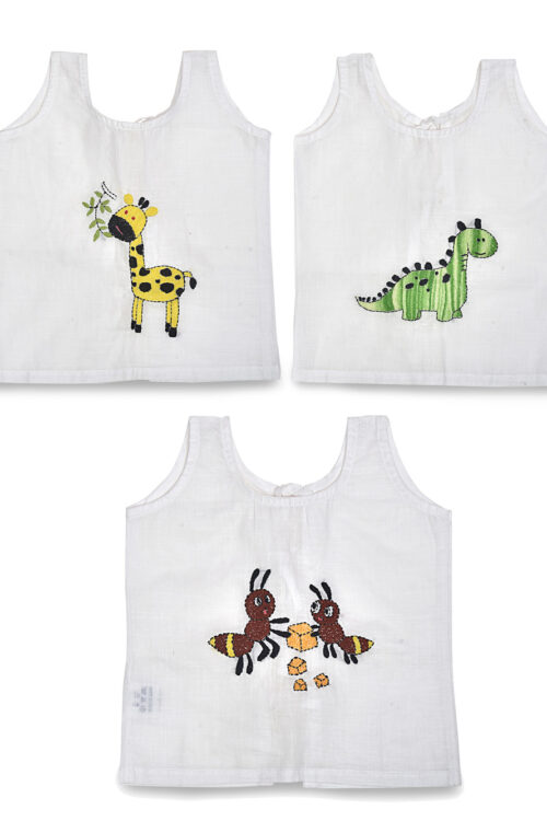 White Back Open Cotton Jabla (Dinosaur, Giraffe and Ant Design)-Pack of 3