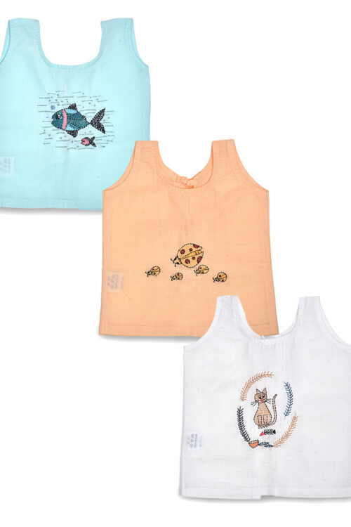 Multicolour Back Open Cotton Jabla (Fish, Ladybug & Cat Design)-Pack of 3