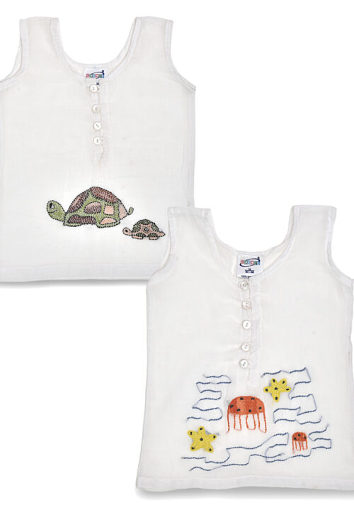 White Semi Front Open Mulmul Jabla (Tortoise & Sea Creatures Design)-Pack of 2