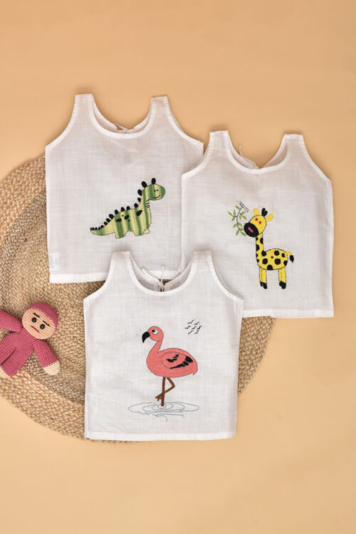White Back Open Cotton Jabla (Dinosaur, Giraffe and Flamingo Design)-Pack of 3