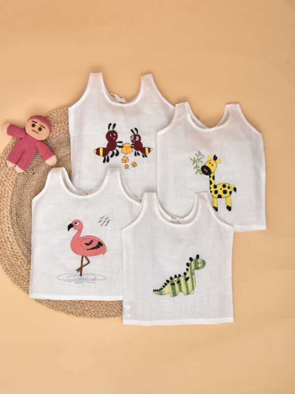 White Back Open Cotton Jabla (Giraffe, Flamingo, Ant & Dinosaur Design)-Pack of 4