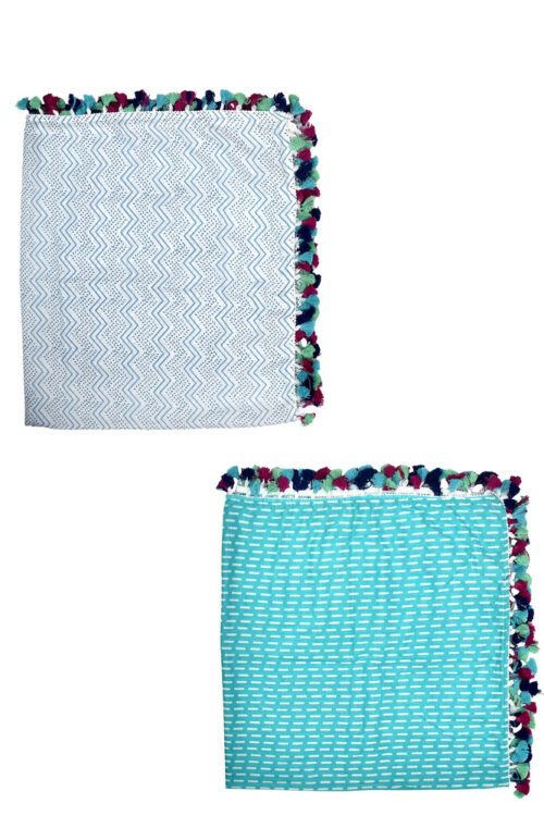Blue Wave and Blue Brick with Pompom Cotton Swaddle Combo-Set of 2(0-24 Months)