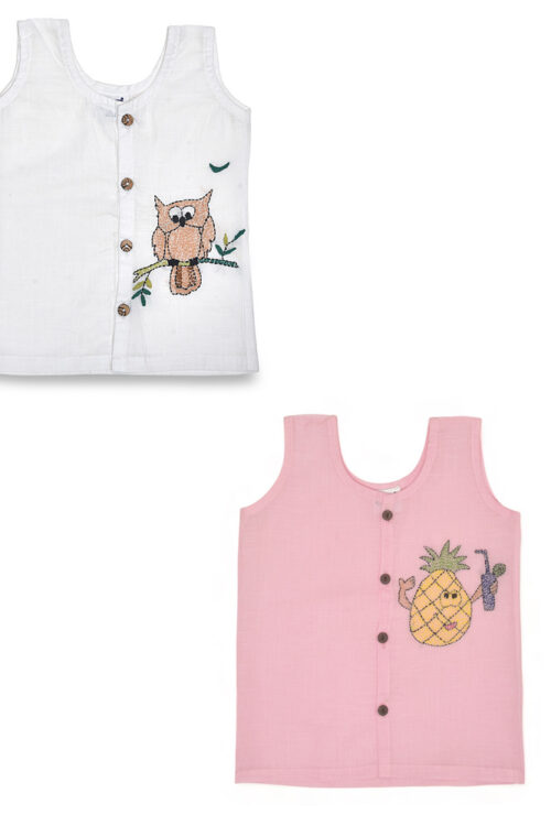 White & Pink Front Open Cotton Jabla (Owl & Pineapple Design)-Pack of 2