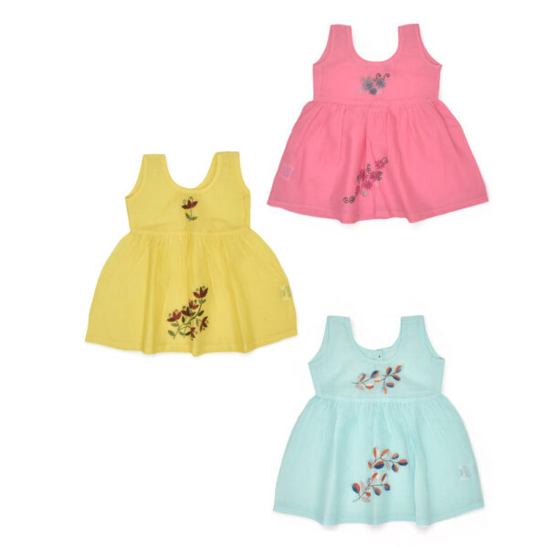 Multicolour Cotton Dress (Daisy, Periwinkle & Petal Design)-Pack of 3