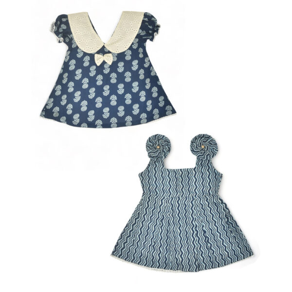 Indigo Printed Rose and Wave Design Dress Combo-Set of 2