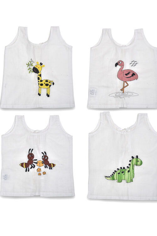 White Back Open Cotton Jabla (Giraffe, Flamingo, Ant & Dinosaur Design)-Pack of 4