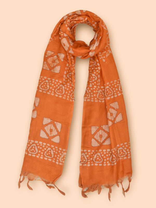 Orange Batik Stole with Kantha Work - Image 5