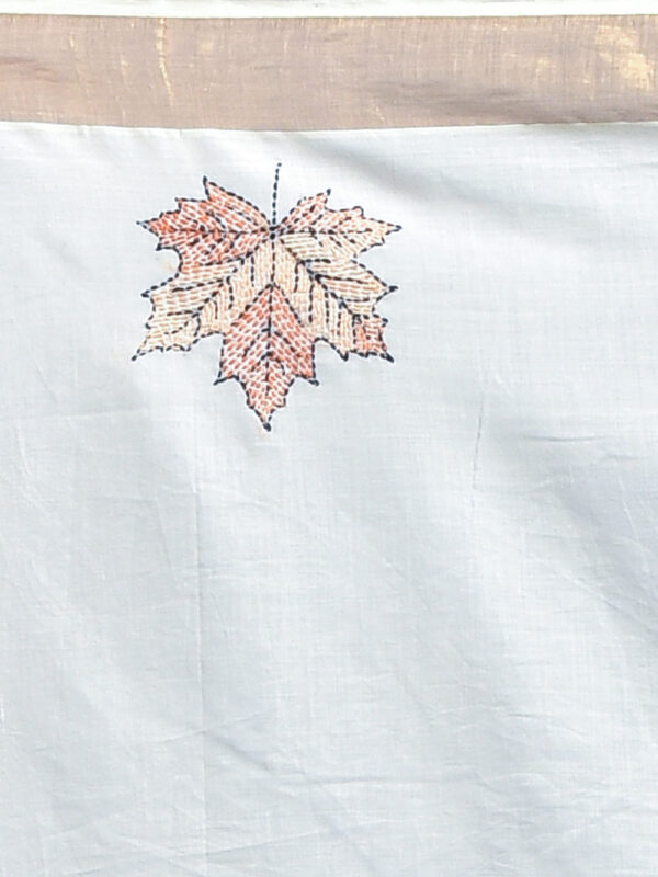 White Kerala Cotton Saree with Maple Leaf Design Hand Embroidery - Image 8