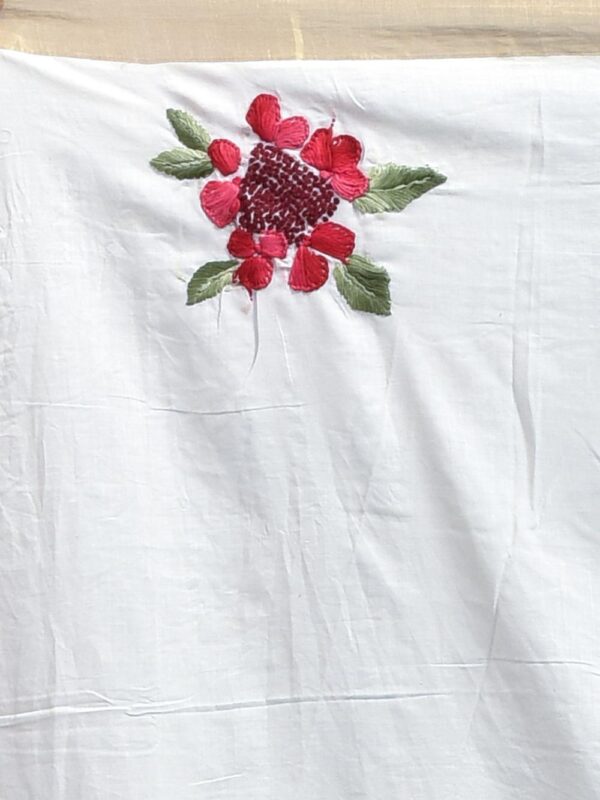 White Kerala Cotton Saree with Shimul Flower Design Hand Embroidery - Image 7