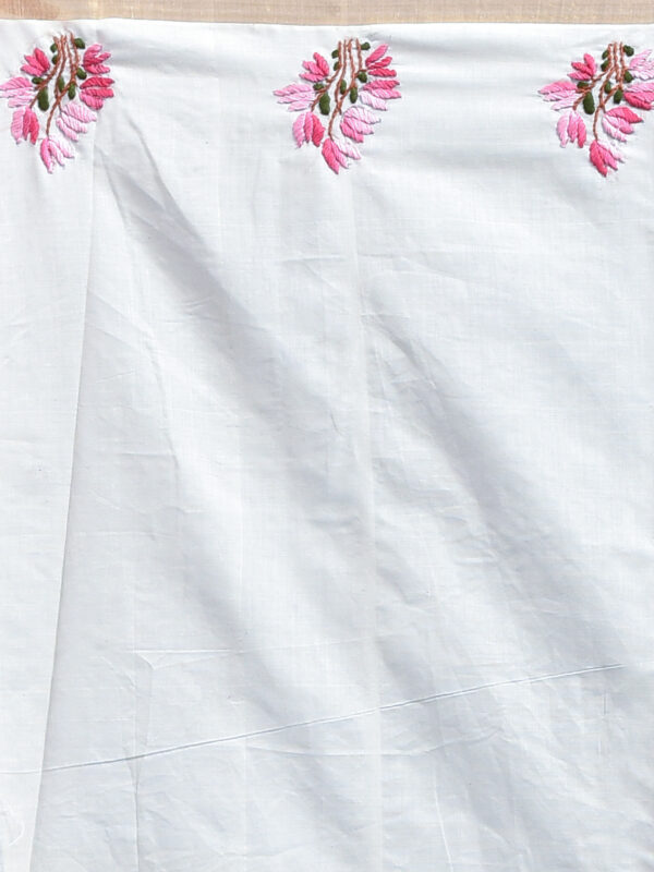 White Kerala Cotton Saree with Tulip Flower Design Hand Embroidery - Image 8