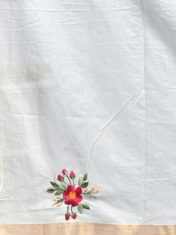 White Kerala Cotton Saree with Hibiscus Design Hand Embroidery - Image 5