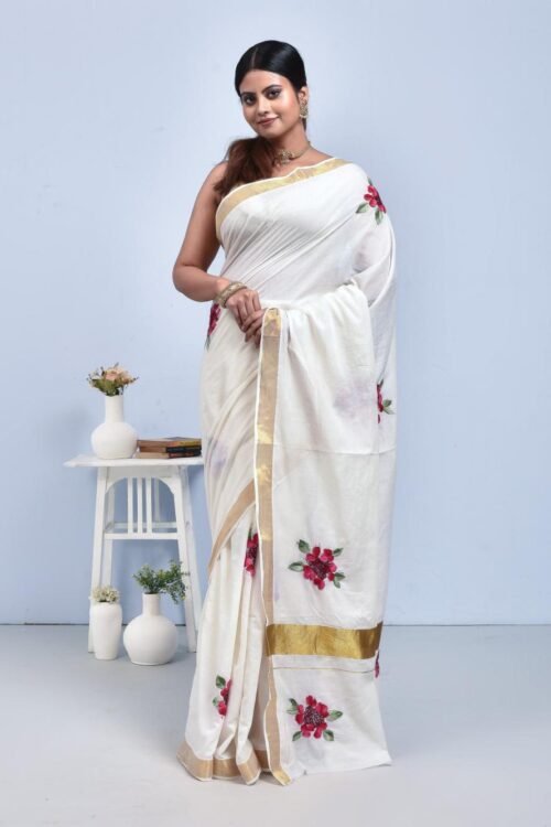 White Kerala Cotton Saree with Shimul Flower Design Hand Embroidery