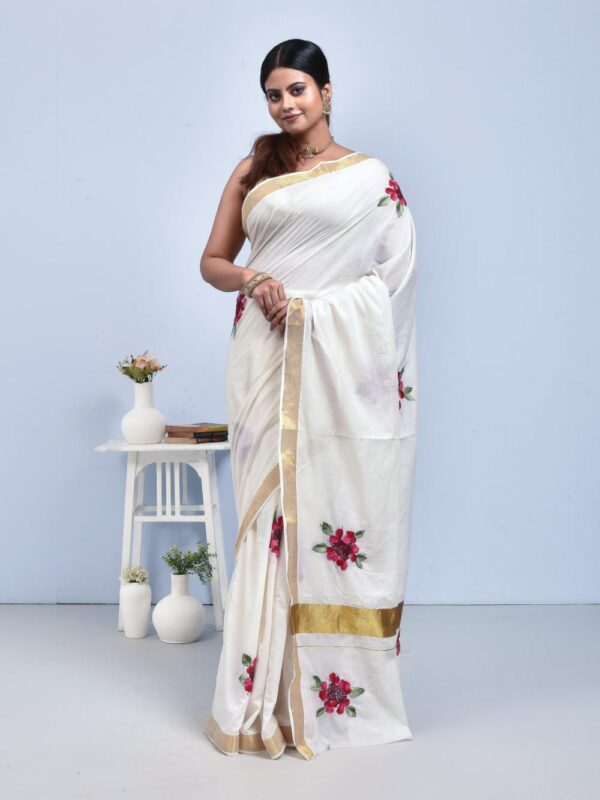 White Kerala Cotton Saree with Shimul Flower Design Hand Embroidery