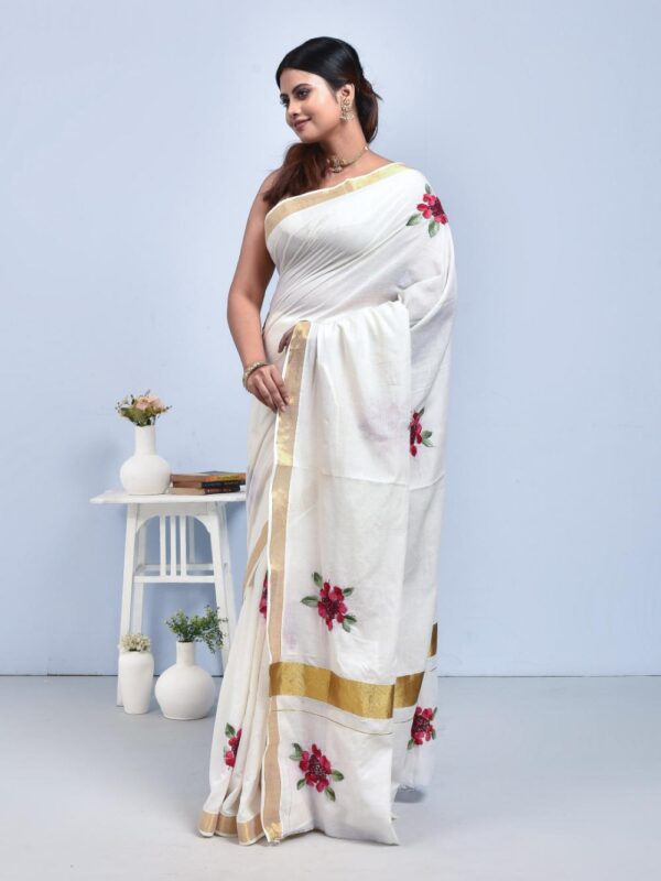 White Kerala Cotton Saree with Shimul Flower Design Hand Embroidery - Image 3