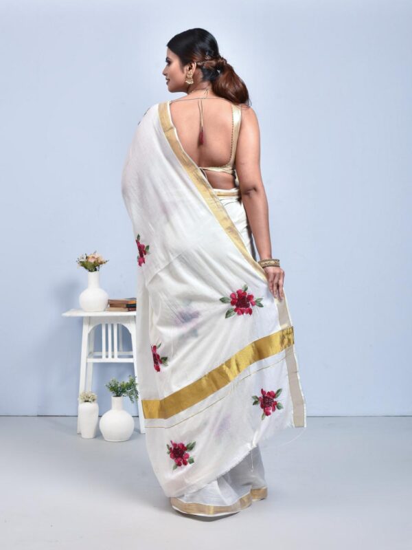 White Kerala Cotton Saree with Shimul Flower Design Hand Embroidery - Image 5