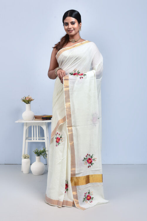White Kerala Cotton Saree with Hibiscus Design Hand Embroidery