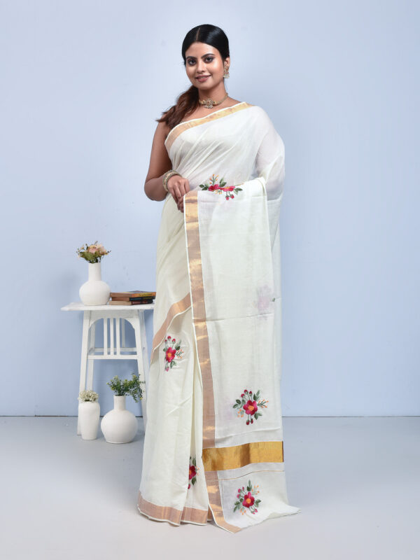White Kerala Cotton Saree with Hibiscus Design Hand Embroidery