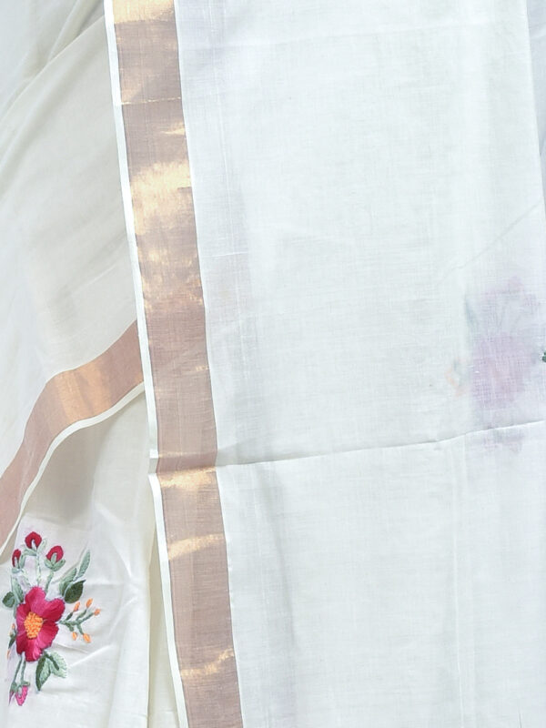 White Kerala Cotton Saree with Hibiscus Design Hand Embroidery - Image 4