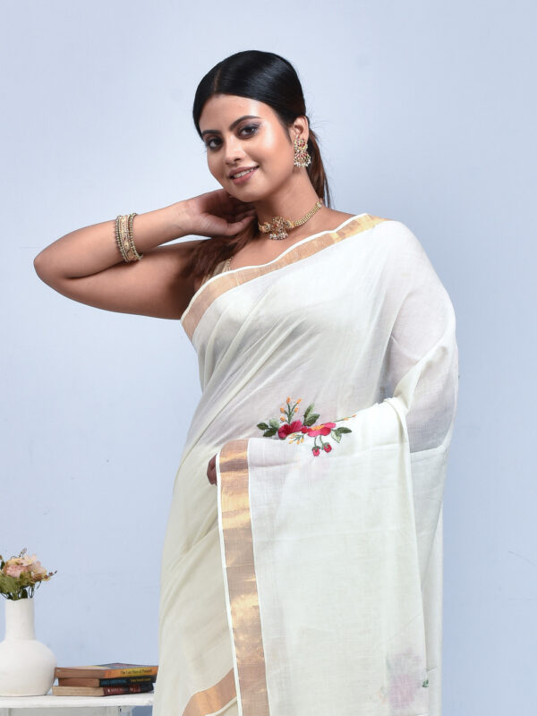 White Kerala Cotton Saree with Hibiscus Design Hand Embroidery - Image 3