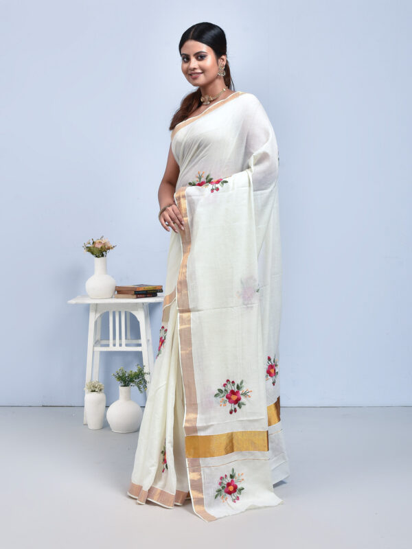 White Kerala Cotton Saree with Hibiscus Design Hand Embroidery - Image 2