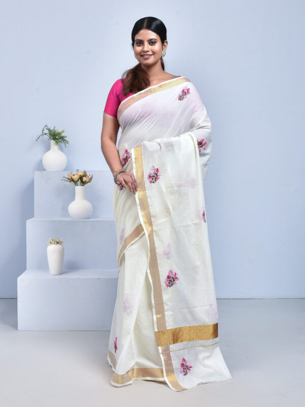 White Kerala Cotton Saree with Tulip Flower Design Hand Embroidery