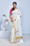 White Kerala Cotton Saree with Tulip Flower Design Hand Embroidery