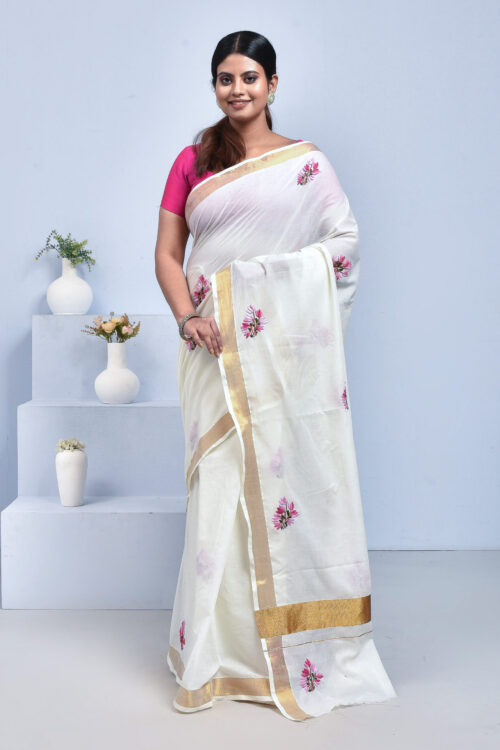 White Kerala Cotton Saree with Tulip Flower Design Hand Embroidery