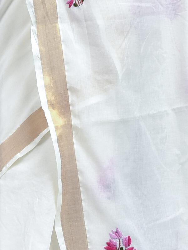 White Kerala Cotton Saree with Tulip Flower Design Hand Embroidery - Image 6