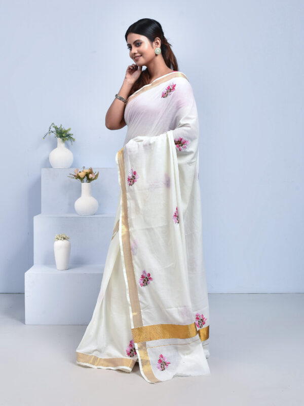 White Kerala Cotton Saree with Tulip Flower Design Hand Embroidery - Image 2