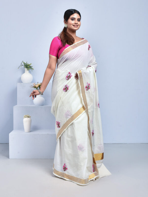 White Kerala Cotton Saree with Tulip Flower Design Hand Embroidery - Image 3