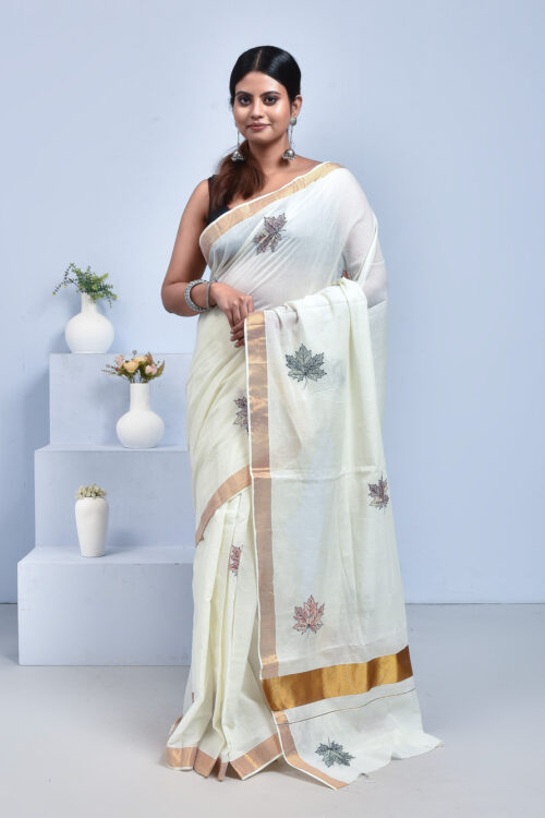 White Kerala Cotton Saree with Maple Leaf Design Hand Embroidery