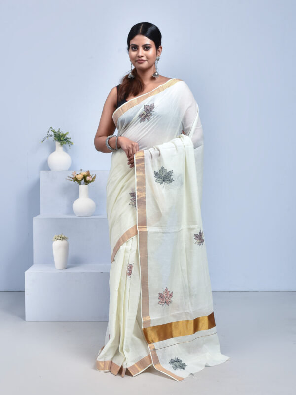 White Kerala Cotton Saree with Maple Leaf Design Hand Embroidery