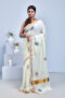 White Kerala Cotton Saree with Maple Leaf Design Hand Embroidery