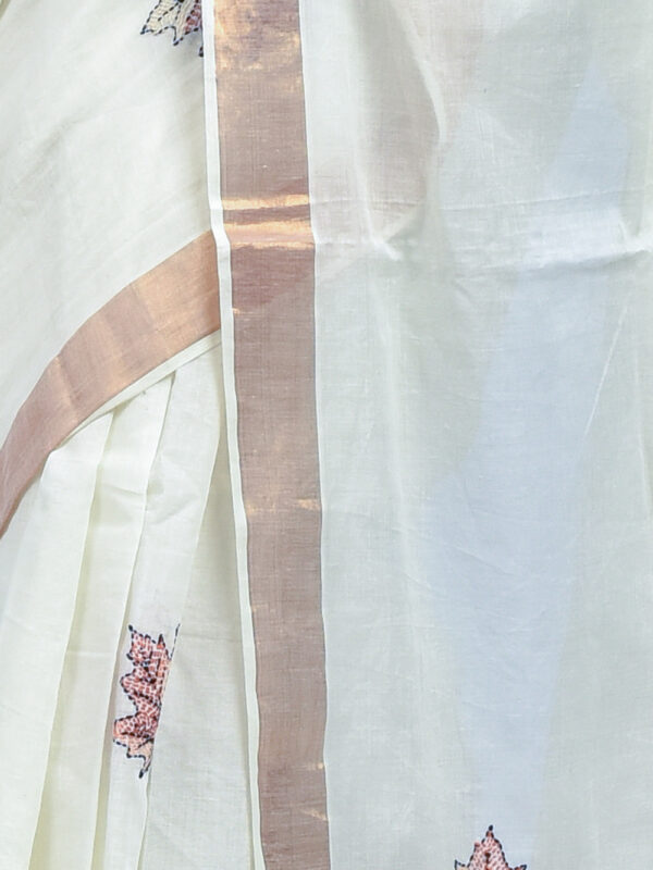 White Kerala Cotton Saree with Maple Leaf Design Hand Embroidery - Image 6