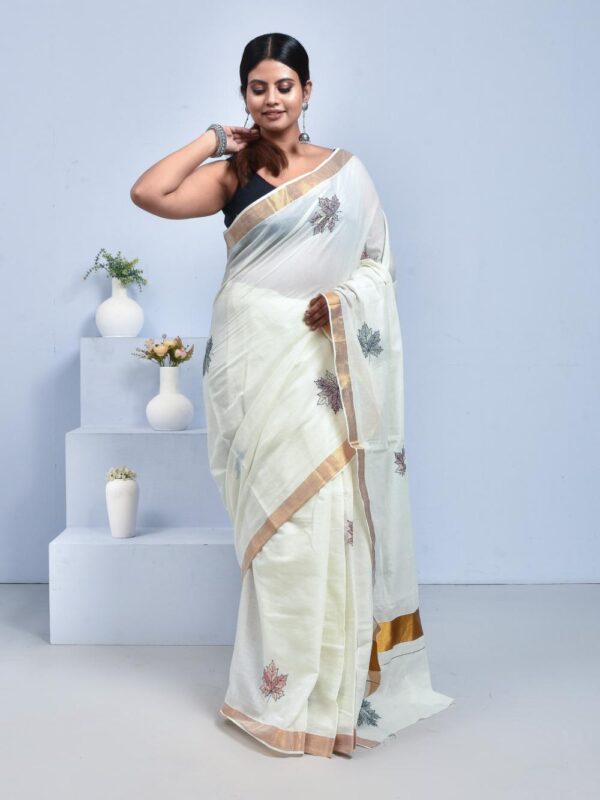White Kerala Cotton Saree with Maple Leaf Design Hand Embroidery - Image 2