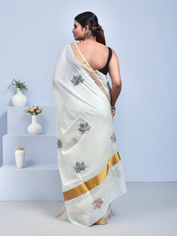 White Kerala Cotton Saree with Maple Leaf Design Hand Embroidery - Image 5