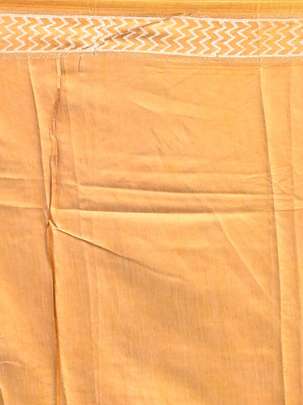 Yellow Leaf Design Block Printed Maheshwari Semi Silk Saree - Image 7